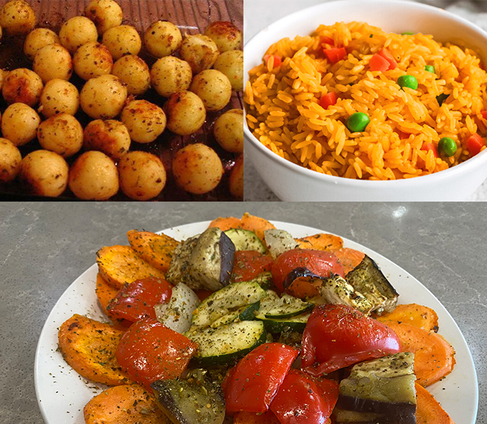 Parisienne Potatoes, Rice with carrots & peas, and Roasted Vegetables Dishes